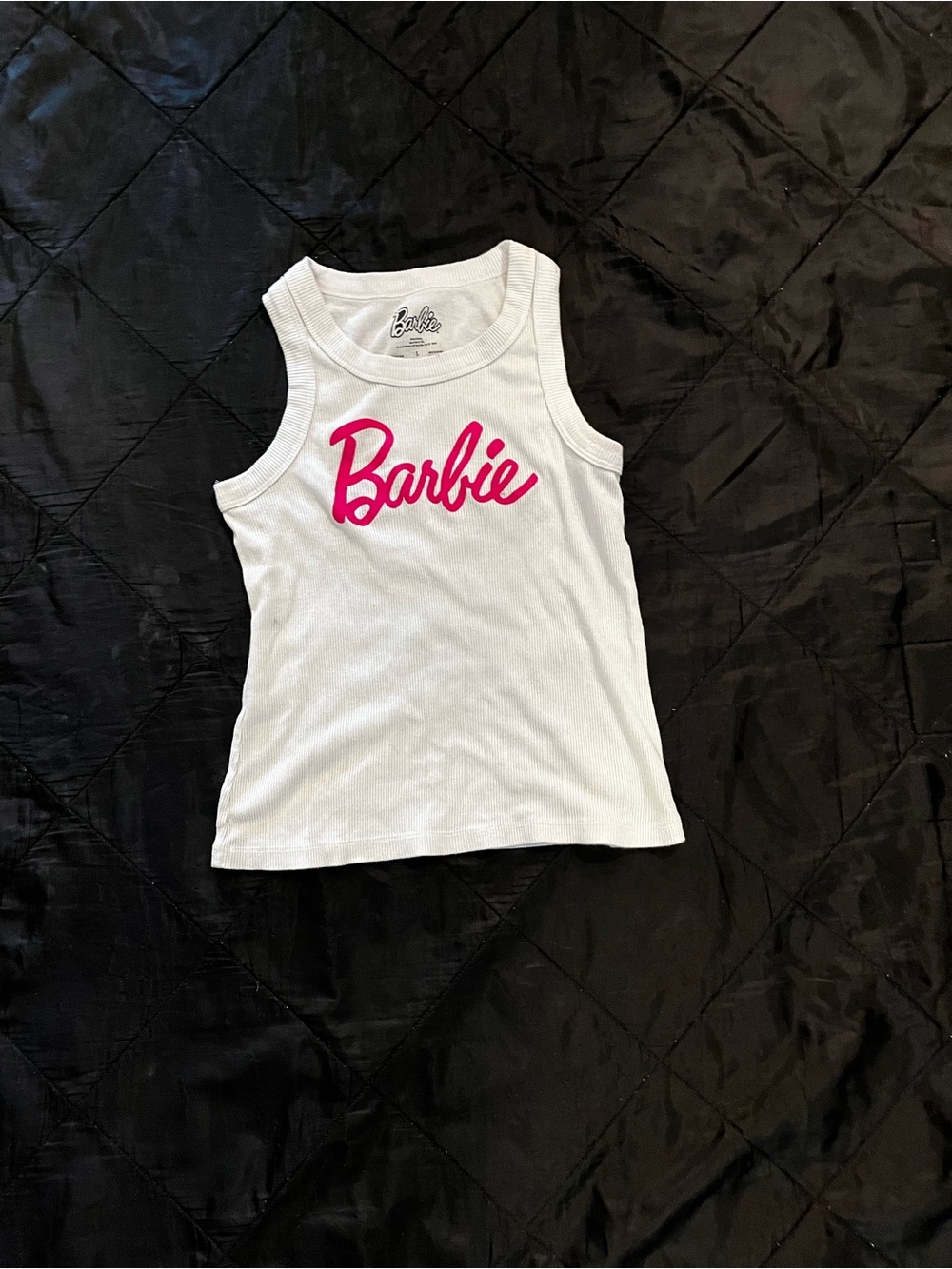 Barbie White Tank Top with Hot Pink Script Logo
